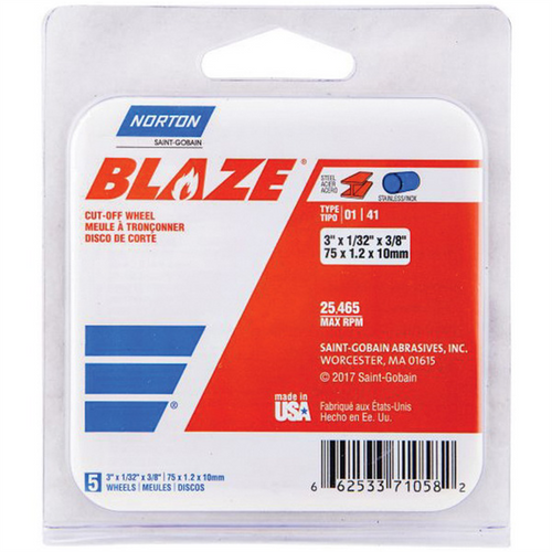 Norton Blaze 71058 Cut-Off Wheel, 3 in Dia, 1/32 in THK Wheel, 3/8 in Center Hole, 25465 rpm
