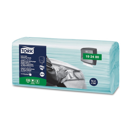 Tork Molnlycke 192480 Top-Pak Low-Lint 1-Ply Cleaning Cloth, 4.3 in L x 14 in W Folded, Cloth, Turquoise