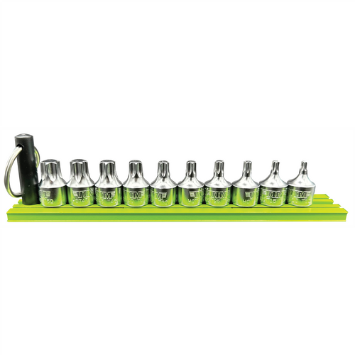 VIM Tools 10 Piece 1/4 Inch Drive TORX Half Cut Stubby Driver Set (T10 - T50) with 6 Inch Green Magrail