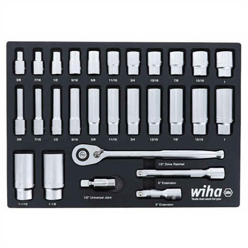 Set Includes - 11 Standard Sockets 3/8&rdquo; - 1&rdquo; | 13 Deep Sockets 3/8&rdquo; - 1-1/8&rdquo; | 1/2&rdquo; Dr. Ratchet 72 Tooth | 1/2&rdquo; Dr. Extension Bars 3&rdquo;, 6&rdquo; | 1/2&rdquo; Dr. Universal Joint