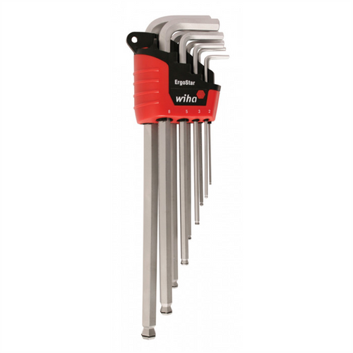 Wiha Tools MagicRing&reg; Screw Holding Ball End Hex L-Key, Chrome-V-Moly Super Tool Steel Hard Chrome Finish, Long Arm 9 Piece Metric Set In ErgoStar Auto Holder .1.5 - 10mm
