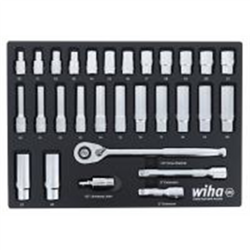 Wiha Set Includes 12 Standard Sockets 10 - 21mm | 13 Deep Sockets 10 - 22mm | 1/2&rdquo; Dr. Ratchet 72 Tooth | 1/2&rdquo; Dr. Extension Bars 3&rdquo;, 6&rdquo; | 1/2&rdquo; Dr. Universal Joint