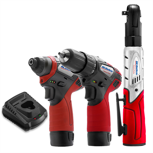 ACDelco ARW1208-K10 G12 Series 12V Cordless Li-ion 1/4"Impact Driver, 3/8" Ratchet Wrench & 2-Speed Drill Driver Combo Tool Kit with 2 Batteries