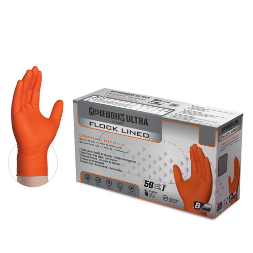 Gloveworks Ultra Flock Lined RDT Orange Nitrile Gloves - X-Large