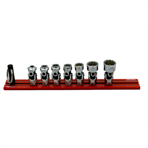 VIM Tools 7 Piece 12 Point Dual Drive Stubby UJ SAE Socket Set - 1/4 Inch X 11 mm Drive - Red Magrail
