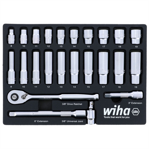 Wiha Tools Set Includes - 10 Standard Sockets 8 - 19mm | 10 Deep Sockets 8 - 19mm | 3/8&rdquo; Drive Ratchet 72 Tooth | 3/8&rdquo; Drive Extension Bars 3&rdquo;, 6&rdquo; | 3/8&rdquo; Drive Universal Joint