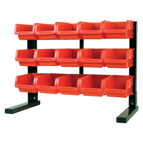 Wilmar Corp. / Performance Tool Table Top Storage Rack with 15 Red Plastic Bins, S