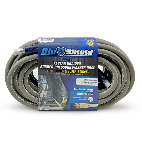 BluBird BluShield Aramid Braided 3/8" Rubber Pressure Washer Hose, Non Marking, 4100PSI Heavy Duty Lightweight - 75 Feet