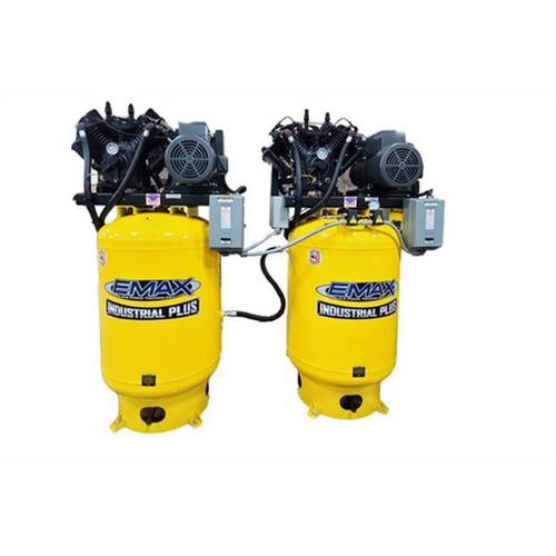 Emax Compressor Silent Air 20hp V4 3PH 160 gallon Horizontal Duplex mounted alternating Piston Compressor --w/Pressure Lubricated pumps