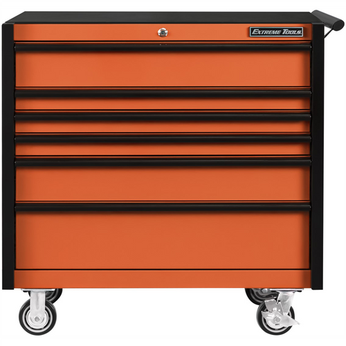 Extreme Tools DX Series 41in. W X 25in. D 6 Drawer Roller Cabinet, 100 lbs Slides, Orange with Black Drawer Pulls
