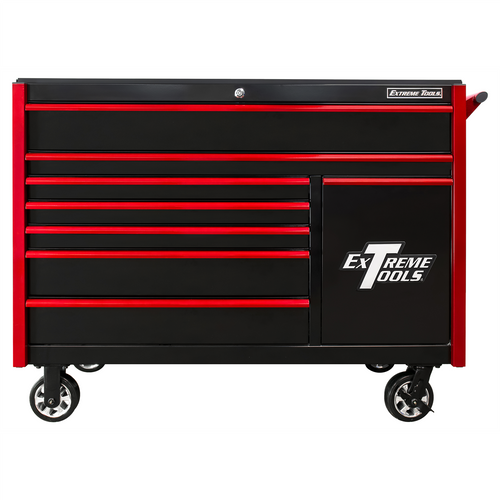 Extreme Tools DX Series 55in W x 25in D 8-Drawer Roller Cabinet W/Power Tool Drawer, 100 lb Slides, Black w Red Drawer Pulls