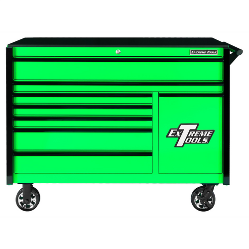 Extreme Tools DX Series 55in W x 25in D 8-Drawer Roller Cabinet W/Power Tool Drawer, 100 lb Slides, Green w Black Drawer Pulls