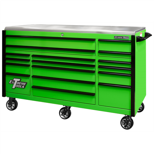 Extreme Tools EXQ Series 72"W x 30"D 17-Drawer Pro Triple Bank Roller Cabinet Green w/ Black Quick Release Drawer Pulls