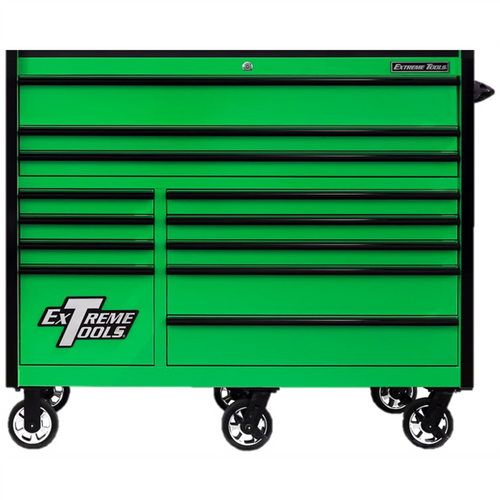 Extreme Tools Extreme Tools RX Series Professional 55"W x 25"D 12 Drawer Roller Cabinet 150 lbs slides Green, Black Drawer Pulls