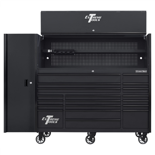 Extreme Tools RX Series 72in W x 25in D Professional Extreme Power Workstation Hutch, 19-Drawer Roller Cabinet-150 lbs Slides and 19in 3-Drawer Side Locker Combo, Matte Black w Black Dr Pulls