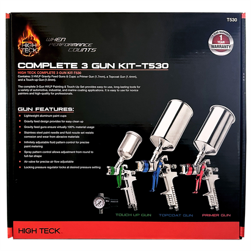 High Teck Products T530 Performance Series Complete 3-Gun HVLP Paint and Touch Up Set, Aluminum