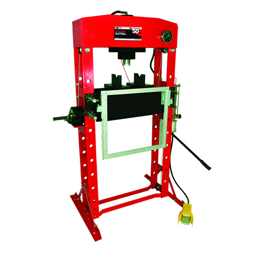 American Forge & Foundry AFF - Shop Press - 50 Ton Capacity - Foot Operated Air Motor/Manual Pump W/ Hydraulic Ram - Built In Polycarbonate Press Guard - 10 pc  Pin & Bearing Press Adapter Set Included - SUPER DUTY