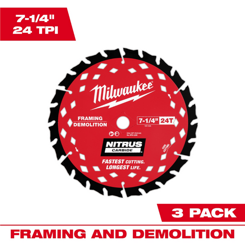 Milwaukee Tool 7-1/4 inch 24T NITRUSCarbideFraming & Demolition Circular Saw Blade &hyphen; 3 PK