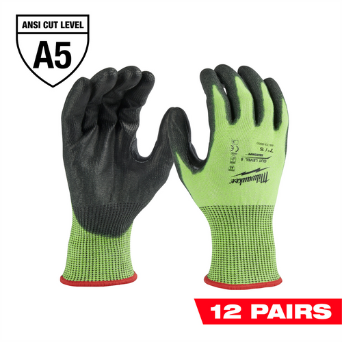 Milwaukee Tool 12 Pair High Visibility Cut Level 5 Polyurethane Dipped Gloves - S Milwaukee Tool 12 Pair High Visibility Cut Level 5 Polyurethane Dipped Gloves - S
