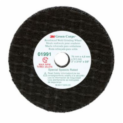 3M 3M™ Green Corps™ Reinforced Weld Grinding Wheel, 01991, 3 in x 3/16 in x 3/8 in, 5 wheels per pack, 10 packs per case 3M 3M™ Green Corps™ Reinforced Weld Grinding Wheel, 01991, 3 in x 3/16 in x 3/8 in, 5 wheels per pack, 10 packs per case