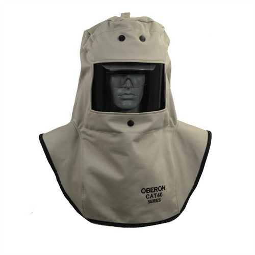 Oberon Hood with A4 Hard Hat Adapters - Arc Flash - 40 Cal CAT&trade; - Color: Khaki - Window: True Color Grey (TCG&trade;)