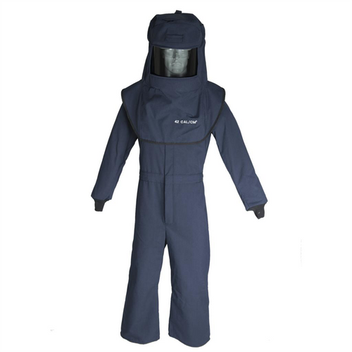 Oberon Suit Kit - Arc Flash - 40 Cal LAN&trade; - Comes with Hood with Hard Cap, Coveralls and Fresh Air Arc Flash Hood Ventilation System - Color: Navy Blue - Size: 4XL