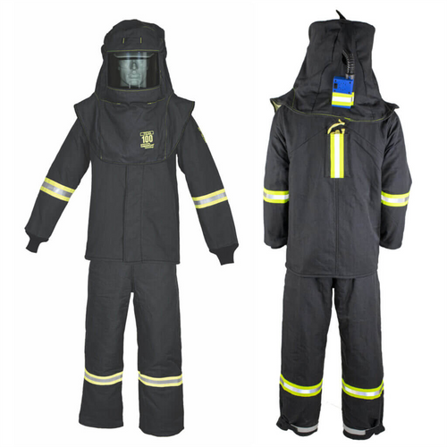Oberon Suit Kit - Arc Flash - 100 Cal TCG&trade;  - Comes with Hood, Coat, Bib Coveralls and  Fresh Air Arc Flash Hood Ventilation System & Light - With Escape Strap - With Leg Zippers - Color: Black - Size: XL Tall