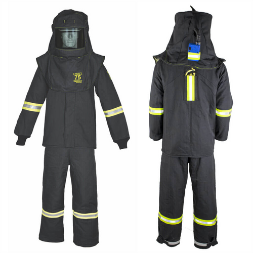 Oberon Suit Kit - Arc Flash - 75 Cal TCG&trade; - Comes with Hood, Coat, Bib Coveralls and Fresh Air Arc Flash Hood Ventilation System & Light - With Escape Strap - With Leg Zippers - Color: Black - Size: 3XL