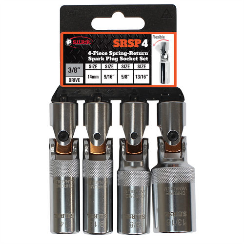 S.U.R.&R. SRSP4 4-Piece 3/8&rdquo; Drive Spring-Return Spark Plug Socket Set makes spark plug removal/replacement easier and faster