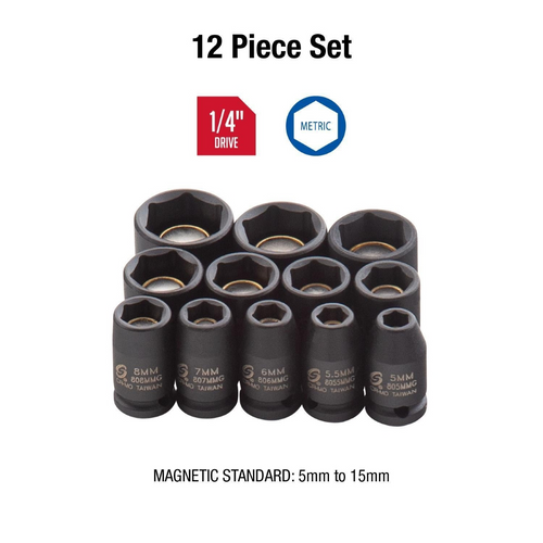 SUNEX 1/4 Inch Drive Metric 6 Point Standard Magnetic Impact Socket Set - 6 Piece
