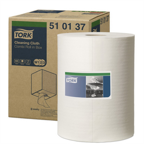 Tork Molnlycke 510137 Centerfeed Cleaning Cloth, 9.84 in Dia x 416.67 ft L x 12.6 in W Roll, 500, Spunlace, White, 1 Plys