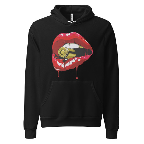 Brass Kisses OG Hoodie — black unisex pullover hoodie with the Brass Kisses lips logo on the front. Soft cotton-fleece blend, regular fit, S–2XL. Veteran-owned brand apparel.