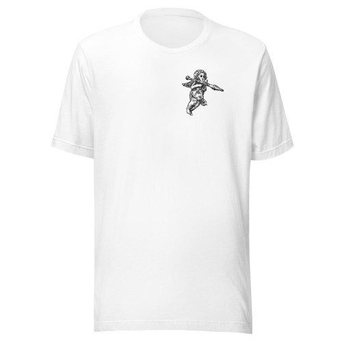 Angel Kisses Tee — white unisex t-shirt shown from the front with the Brass Kisses Angel Kisses artwork. Soft 100% ring-spun cotton crew tee, XS–5XL. Veteran-owned brand apparel.