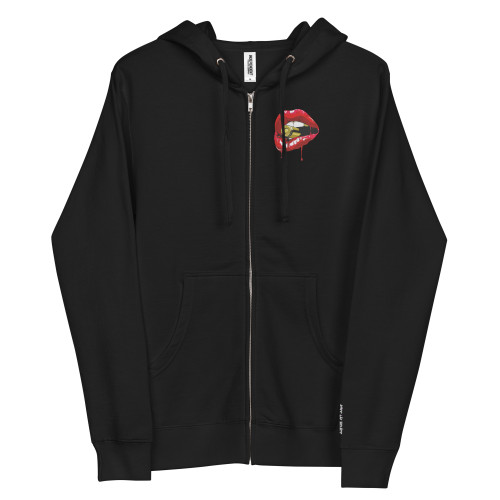 Kiss My Brass OG Zip Up — black unisex fleece zip-up hoodie with the Brass Kisses lips logo and metal kissing zipper, shown from the front. Premium 8.5 oz fleece, S–2XL. Veteran-owned brand apparel.