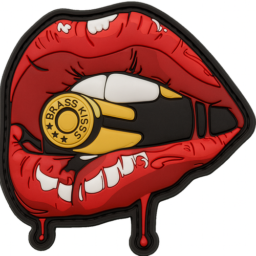 BK OG Lipz 1 inch PVC patch — Brass Kisses red lips logo molded into a compact Velcro-backed patch. Heavy-duty PVC construction for plate carriers and EDC gear. Veteran-owned brand.