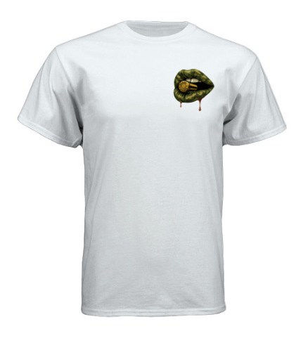 Camo Lipz Tee — front view of the multicam athletic-fit tee showing the Brass Kisses Lipz logo print. Soft cotton/poly blend, S–3XL.
