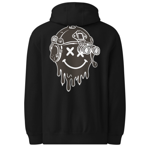 Melted Smiley Black & White Hoodie — back view of the black premium mid-weight hoodie showing Brass Kisses' twisted black-and-white melted smiley design. S–3XL, veteran-owned brand apparel.
