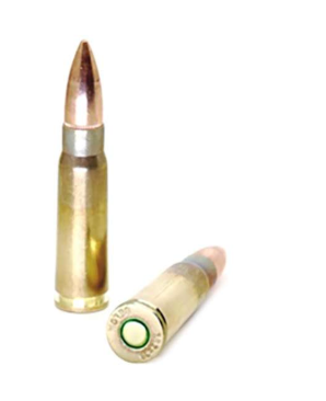 Brass Kisses 7.62x39mm 123gr FMJ new-production ammunition — close-up of brass-cased, boxer-primed rounds with copper-jacketed projectiles, built for AK-pattern rifles, SKS platforms, and Mini Thirtys. Non-reman, made in the USA.