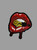 BK Lipstix PVC morale patch shown from multiple angles — die-cut Brass Kisses lips with hook-and-loop velcro backing, weatherproof rubber.