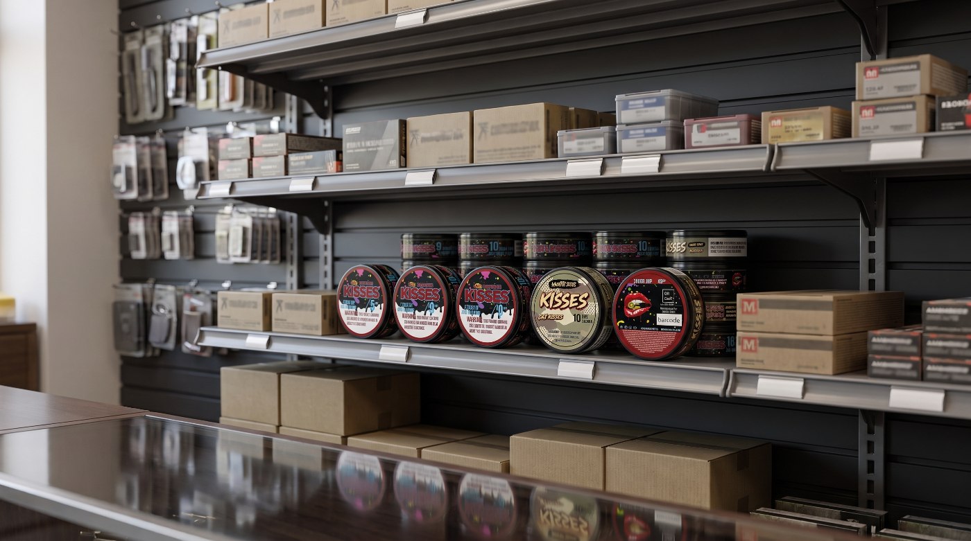 Brass Kisses stocked on a retail shelf, wide view