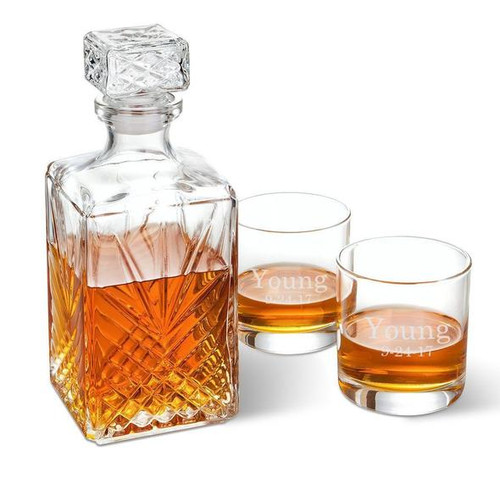 Anniversary Cut Glass Whiskey Decanter with personalized Glasses