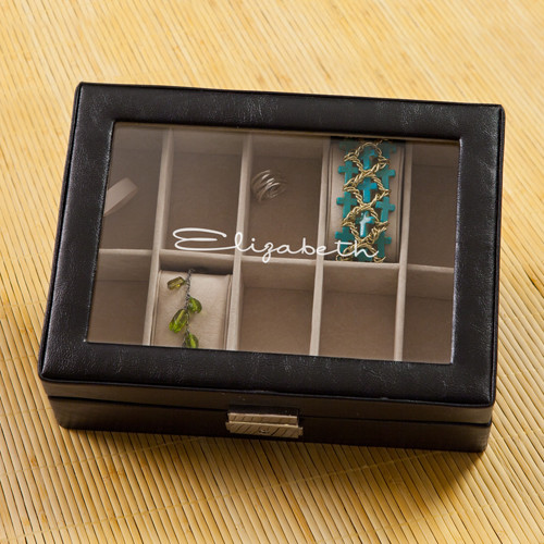 Top of personalized black leather jewelry box
