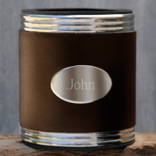 Personalized Leather Anniversary Can Holder in Dark Brown