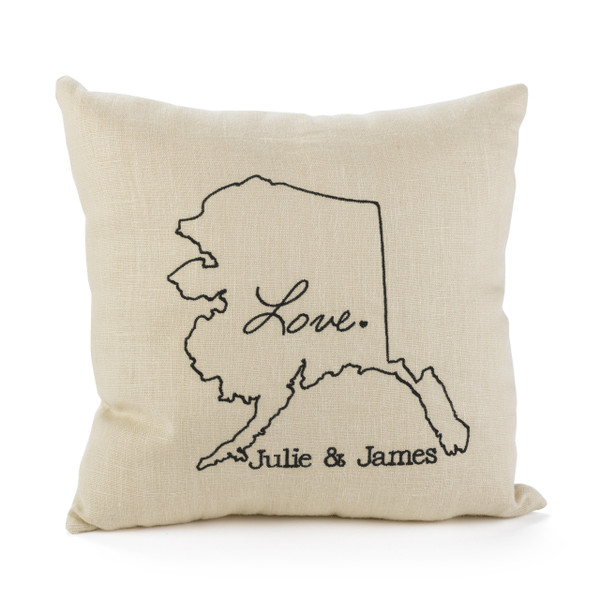 Romantic Anniversary Pillow personalized with your State and your names.