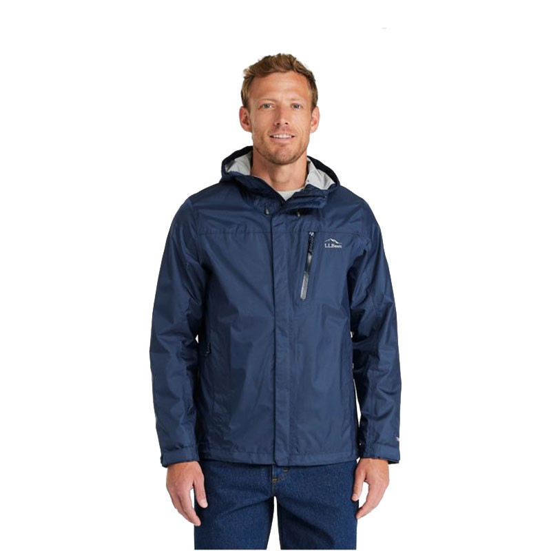 L.L.Bean Men's Trail Model Rain Jacket, navy blue waterproof weather-resistant jacket with hood, zipper chest pocket, and full front zipper, designed for outdoor rain protection.