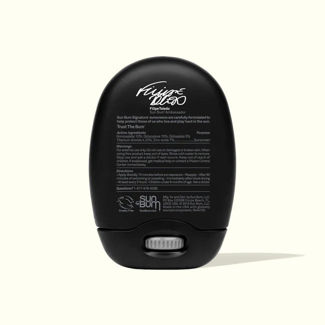 Sun Bum Signature SPF 30 Sunscreen Face Stick, black sunscreen face stick with white text and a gray slider at the bottom.