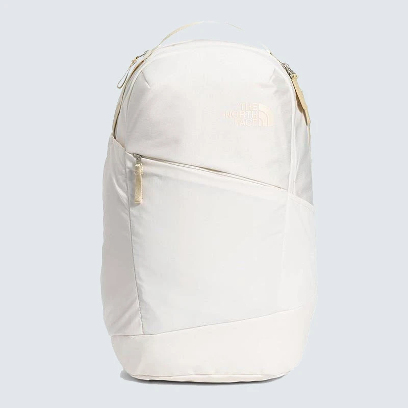 The North Face Women's Isabella 3.0, a sleek white backpack with multiple compartments and zippers for outdoor and everyday use.