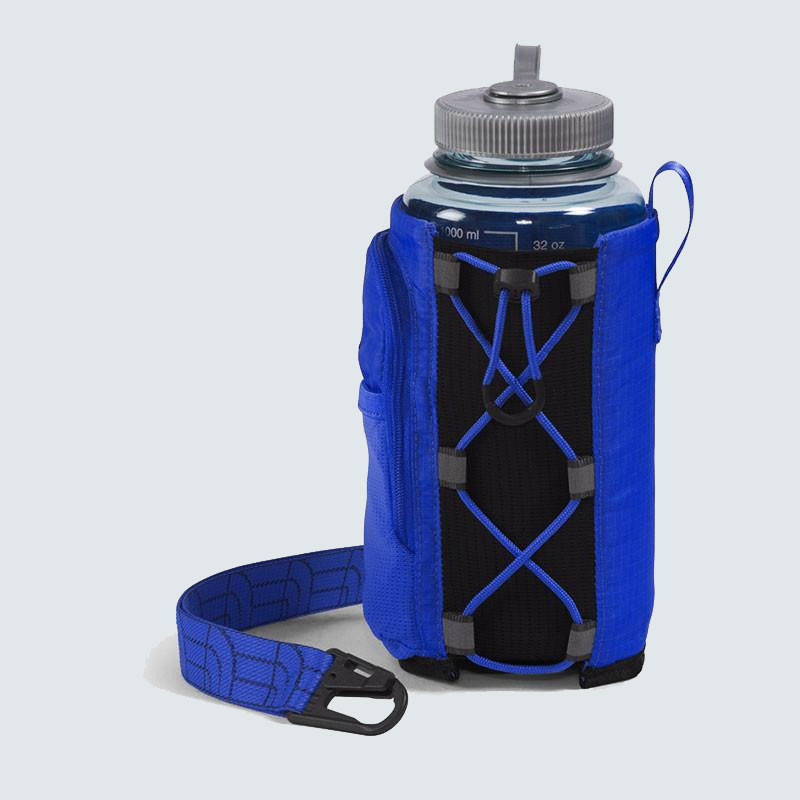 The North Face Borealis Water Bottle Holder, blue hydration bottle holder with adjustable strap and secure elastic cords for outdoor activities.