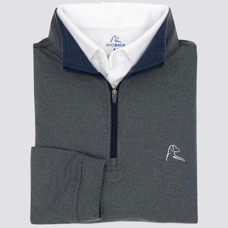 Rhoback Men's Heather Performance Q-Zip, folded dark gray quarter-zip pullover with white collar and logo on chest.