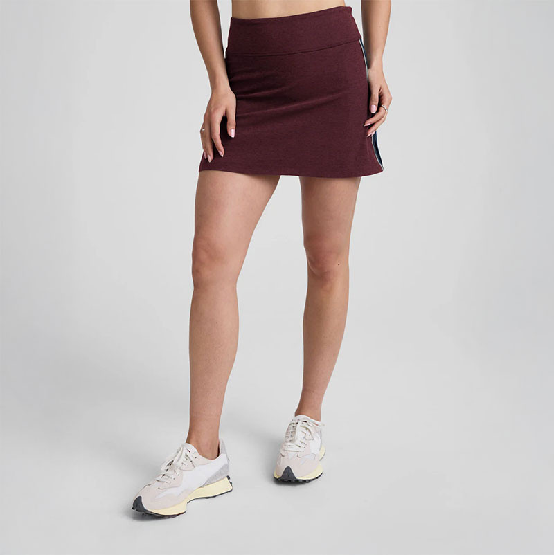 Beyond Yoga Women's Spacedye Ready Skirt, maroon athletic skirt with a fitted design, side slit, and space dye textured fabric for activewear or casual wear.